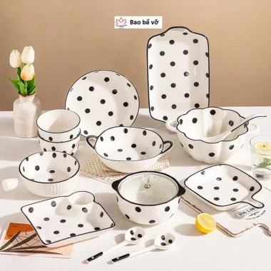 Bát đĩa sứ chấm bi sang trọng - Bát cơm tay cầm, đĩa dài, bát vuông, chỉ 19.500₫