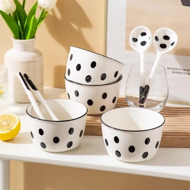 Bát đĩa sứ chấm bi sang trọng - Bát cơm tay cầm, đĩa dài, bát vuông, chỉ 19.500₫