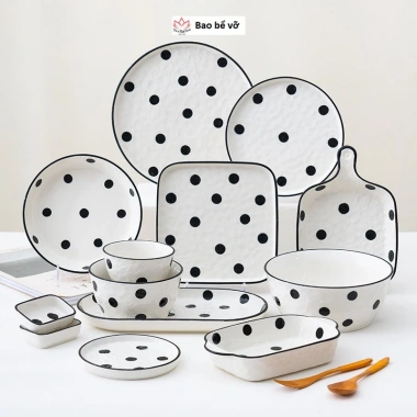 Bát đĩa sứ chấm bi sang trọng - Bát cơm tay cầm, đĩa dài, bát vuông, chỉ 19.500₫