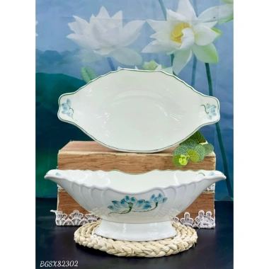 Bát gà, Đĩa thuyền, Đĩa đựng trái cây - Gốm sứ cao cấp Bát Tràng loại 1, quà tặng, men kem, vẽ tay, giá 112.500 VND 3