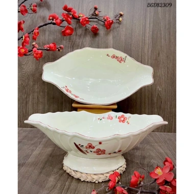 Bát gà, Đĩa thuyền, Đĩa đựng trái cây - Gốm sứ cao cấp Bát Tràng loại 1, quà tặng, men kem, vẽ tay, giá 112.500 VND 5