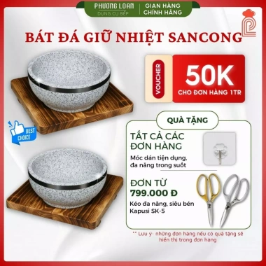 Bát giữ nhiệt SANCONG đá thố Hàn Quốc, kèm đế gỗ, thố đá tiện dụng - Giá chỉ 70.438₫