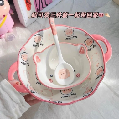 Bát sứ 3 món lợn hồng cute – Đựng đồ ăn tiện, freeship, giá giảm 206.700₫