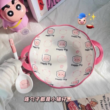 Bát sứ 3 món lợn hồng cute – Đựng đồ ăn tiện, freeship, giá giảm 206.700₫