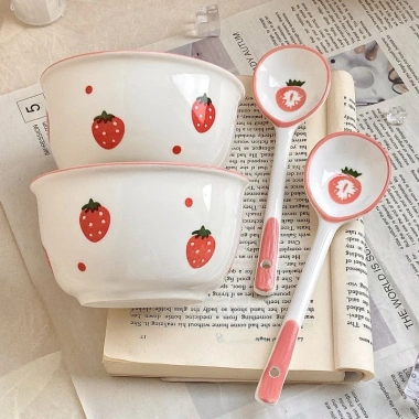 Bát Sứ Dâu Tây Cute Tay Cầm Loại 1 Bát Ăn Mì Giá Ưu Đãi 68.600 VND BOLI HOUSE