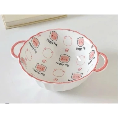 Bát Sứ Quai Cầm Họa Tiết Heo Hồng Happy Pig - Giá 50.000, Bền, Dùng Hàng Ngày
