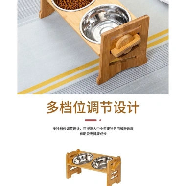 Bát thú cưng điều chỉnh 6 cấp độ, chống đau cổ, bộ 2 bát chân cao tre Moso và bát inox miệng rộng cho mèo và chó 4