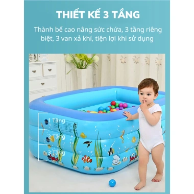 Bể bơi phao KAW 3 tầng trẻ em, đáy 2 lớp chống trượt, gấp gọn, an toàn, kèm bơm và bóng – Giá ưu đãi 560.000 VND
