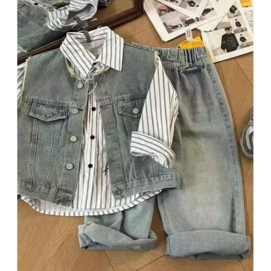 Bé Trai Hàn Quốc Mùa Xuân Bộ 3 Áo Vest Denim và Áo Sơ Mi Sọc - 370.081 VND