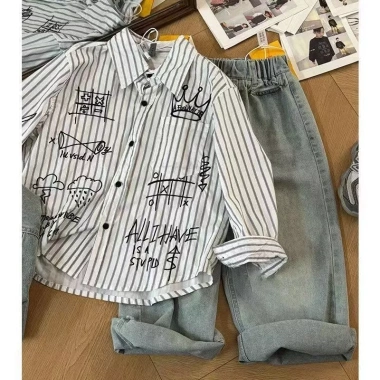 Bé Trai Hàn Quốc Mùa Xuân Bộ 3 Áo Vest Denim và Áo Sơ Mi Sọc - 370.081 VND