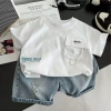 Bé trai mùa hè 2 bộ trang phục tay ngắn thời trang, quần short denim mỏng, giặt dễ dàng, chỉ 230.854 VND 2