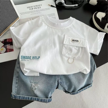 Bé trai mùa hè 2 bộ trang phục tay ngắn thời trang, quần short denim mỏng, giặt dễ dàng, chỉ 230.854 VND 2