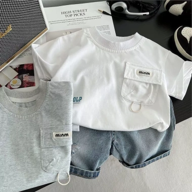 Bé trai mùa hè 2 bộ trang phục tay ngắn thời trang, quần short denim mỏng, giặt dễ dàng, chỉ 230.854 VND 3