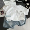 Bé trai mùa hè 2 bộ trang phục tay ngắn thời trang, quần short denim mỏng, giặt dễ dàng, chỉ 230.854 VND 4