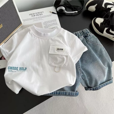 Bé trai mùa hè 2 bộ trang phục tay ngắn thời trang, quần short denim mỏng, giặt dễ dàng, chỉ 230.854 VND 5
