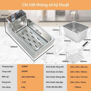 Bếp chiên dầu điện 12L SUNNY 3.000W - Nhiệt độ cao, sôi cực nhanh, giá 673,000₫ 3