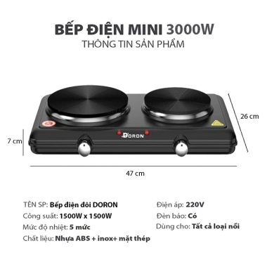 Bếp điện mini đa năng DORON 3.000W 5 mức nhiệt - Nóng nhanh, giữ nhiệt lâu, BH 6 tháng - Giá chỉ 238.000₫ 7