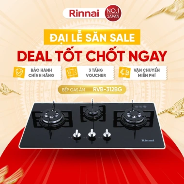 Bếp gas âm Rinnai RVB-312BG - Mặt kính sang trọng, kiềng men bền, giảm giá