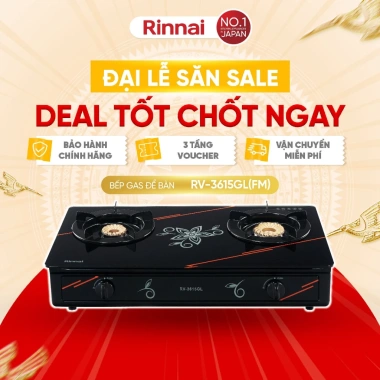 Bếp gas dương Rinnai RV-3.615GL(FM) - mặt bếp kính sang, kiềng bếp men bền, giảm 21% chỉ 1.951.180₫