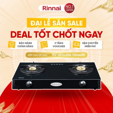 Bếp gas dương Rinnai RV-6 Double Glass – Mặt kính sang, kiềng men bền, giảm giá 22% còn 2.274.580₫