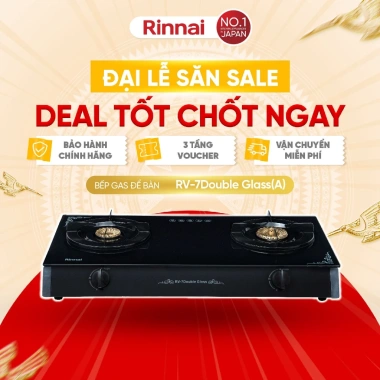 Bếp gas dương Rinnai RV-7 Double Glass mặt bếp kính, kiềng bếp men - Giá giảm 22% 2.490.180 VNĐ
