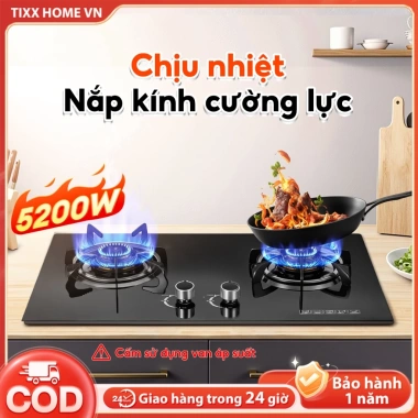Bếp gas Tixx 5.200W 2 bếp - Tiết kiệm, nắp kính cường lực, dễ vệ sinh, 999.000₫