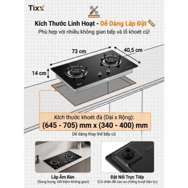 Bếp gas Tixx 5.200W 2 bếp - Tiết kiệm, nắp kính cường lực, dễ vệ sinh, 999.000₫ 5 Bếp gas Tixx 5.200W 2 bếp - Tiết kiệm, nắp kính cường lực, dễ vệ sinh, 999.000₫ 5