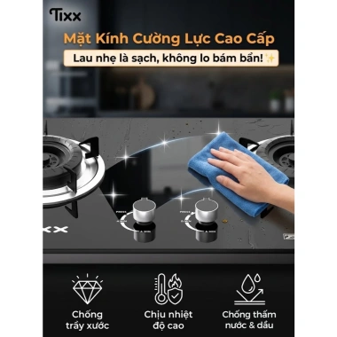 Bếp gas Tixx 5.200W 2 bếp - Tiết kiệm, nắp kính cường lực, dễ vệ sinh, 999.000₫