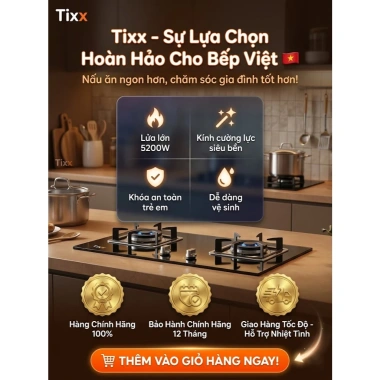 Bếp gas Tixx 5.200W 2 bếp - Tiết kiệm, nắp kính cường lực, dễ vệ sinh, 999.000₫