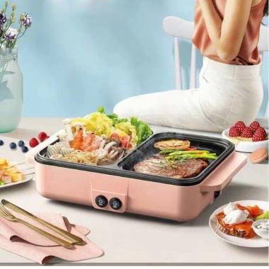 Bếp Lẩu Nướng 2 in 1 2 Ngăn Màu Hồng - Siêu Chống Dính, An Toàn, Dễ Dùng, 240k