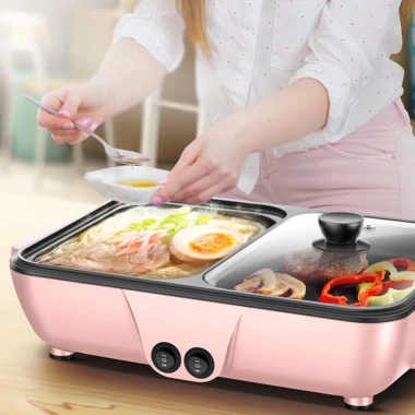 Bếp Lẩu Nướng 2 in 1 2 Ngăn Màu Hồng - Siêu Chống Dính, An Toàn, Dễ Dùng, 240k