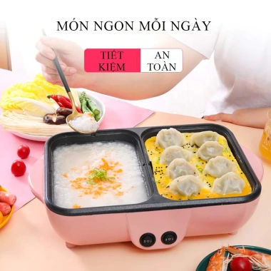 Bếp Lẩu Nướng 2 in 1 2 Ngăn Màu Hồng - Siêu Chống Dính, An Toàn, Dễ Dùng, 240k