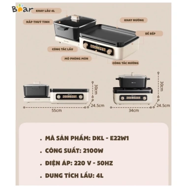 Bếp lẩu nướng Bear 2 ngăn DKL-E22W1 cao cấp, tháo rời gấp gọn, công suất lớn 2.05 triệu