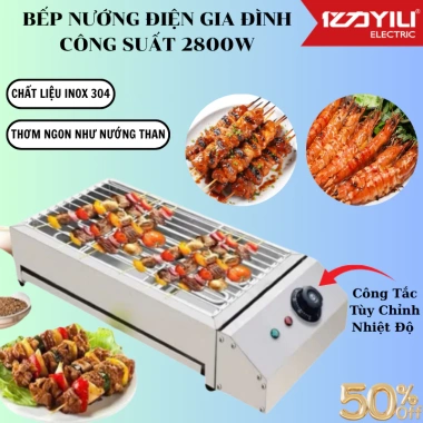 Bếp nướng điện 2.800W không khói inox - Nướng hải sản, thịt xiên, gia đình, bảo hành 12 tháng - Giá 435.000 VND