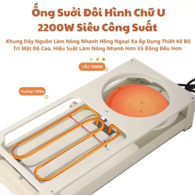Bếp nướng lẩu 2in1 2.200W cao cấp, chống dính, truyền nhiệt nhanh, tiết kiệm điện, kèm vỉ nướng - 1.199.000₫