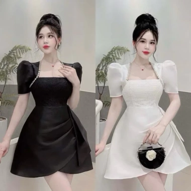 BIGSIZE D119 Đầm tiểu thư tay phồng nhấn eo, dây đá sang chảnh 50‑90kg - 325k