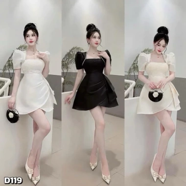 BIGSIZE D119 Đầm tiểu thư tay phồng nhấn eo, dây đá sang chảnh 50‑90kg - 325k