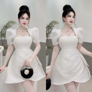 BIGSIZE D119 Đầm tiểu thư tay phồng nhấn eo, dây đá sang chảnh 50‑90kg - 325k