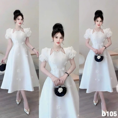 BIGSIZETIX D105 Đầm tiểu thư dự tiệc tay voan phồng, cổ yếm hoa, dây cổ sang chảnh, size 50‑90kg 340k