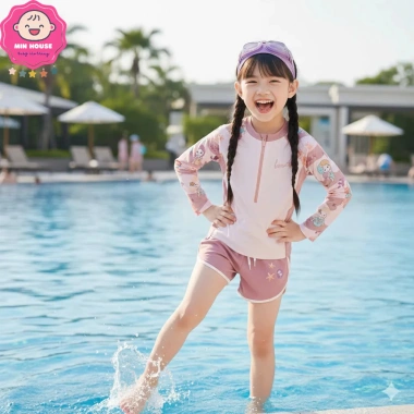 Bikini 2 mảnh áo tay dài họa tiết nàng tiên cá, quần 2 lớp + nón xinh cho bé gái 10-44kg - 229k 5