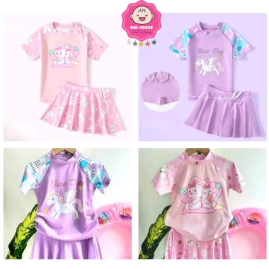 Bikini 2 mảnh đồ bơi áo tay ngắn, chân váy hoạt hình xinh xắn cho bé gái 9-42kg - Giá 189.000 VND
