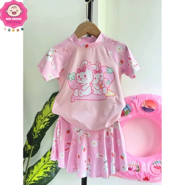 Bikini 2 mảnh đồ bơi áo tay ngắn, chân váy hoạt hình xinh xắn cho bé gái 9-42kg - Giá 189.000 VND