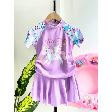 Bikini 2 mảnh đồ bơi áo tay ngắn, chân váy hoạt hình xinh xắn cho bé gái 9-42kg - Giá 189.000 VND