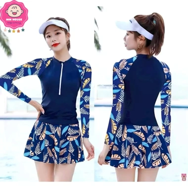 Bikini 2 mảnh tay dài xanh than họa tiết hoa lá, chân váy thời trang cho nữ - Giá ưu đãi 169.000 VND 3