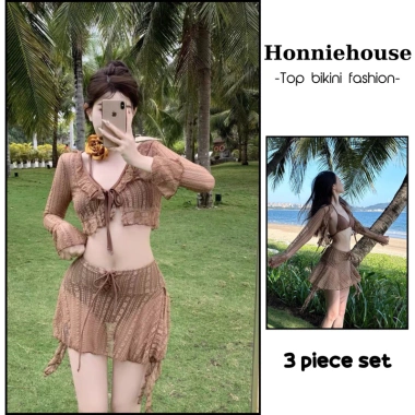 Bikini 3 mảnh ren hoa nâu đan dây tua rua - Set, giao hỏa tốc, giá 289.000đ 3