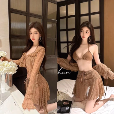 Bikini 3 mảnh ren hoa nâu đan dây tua rua - Set, giao hỏa tốc, giá 289.000đ 4