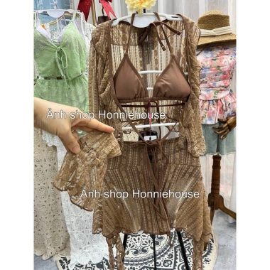 Bikini 3 mảnh ren hoa nâu đan dây tua rua - Set, giao hỏa tốc, giá 289.000đ 10