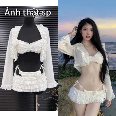 Bikini 4 món lưới cột nơ tôn BELLA - Set đi biển du lịch quyến rũ, giảm giá 179k