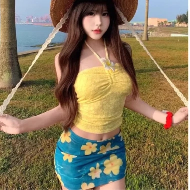 Bikini áo ren hoa vàng, chân váy chữ A xanh họa tiết hoa - Ship nhanh, chỉ 89k 3