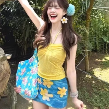 Bikini áo ren hoa vàng, chân váy chữ A xanh họa tiết hoa - Ship nhanh, chỉ 89k 5